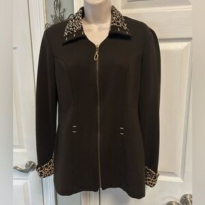 CDC Vintage Brown Blazer Leopard Velvet Print Gold Details Knit Full Zip Jacket